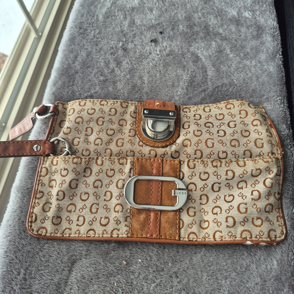 Guess Brown and Tan Logo Clutch